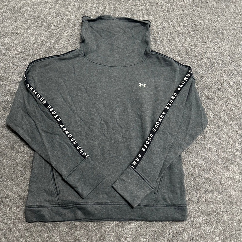 Under Armour Sweatshirt Womens Size Large Gray Funnel Neck Logo Tape Loose Fit